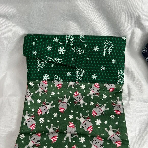 Handmade Christmas Stockings Set Of 2 Blue & Green With Snowman & Cat Prints Sof - Picture 2 of 5